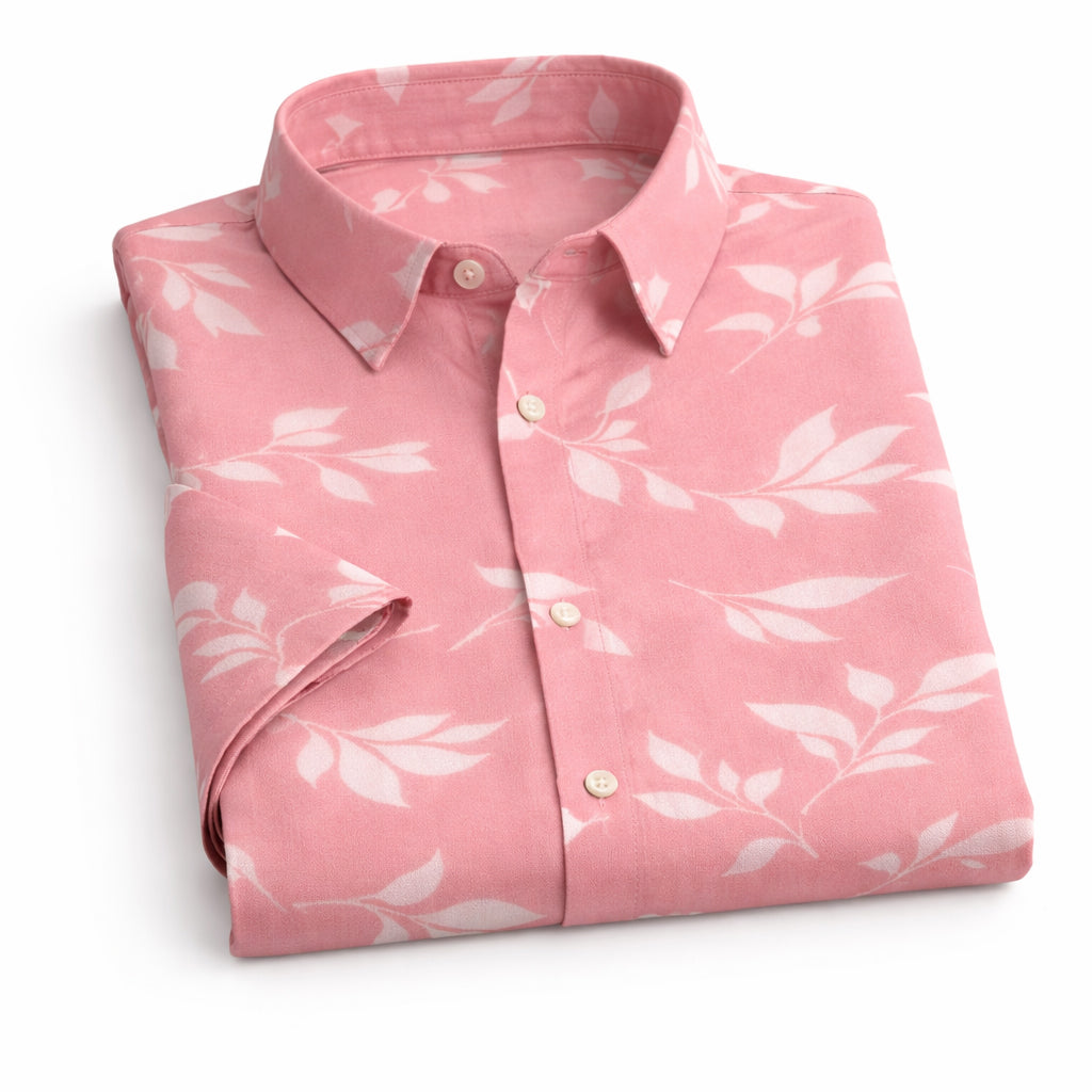 Pink Shirt with Leaf Print Half Sleeve Shirt (SKU-501)