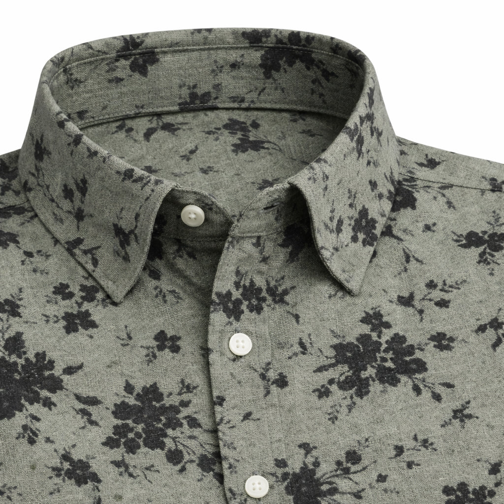 Green Shirt with Black Floral Print Half Sleeve Shirt (SKU-502)