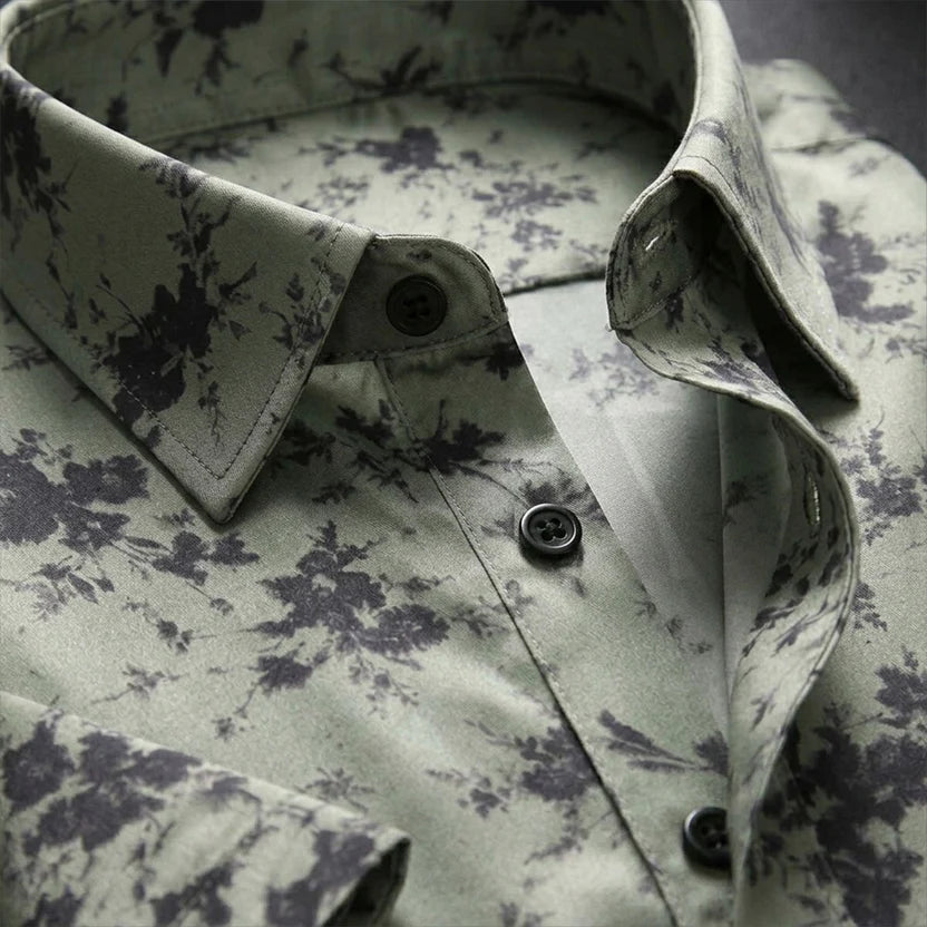 Green Shirt with Black Floral Print Half Sleeve Shirt (SKU-502)