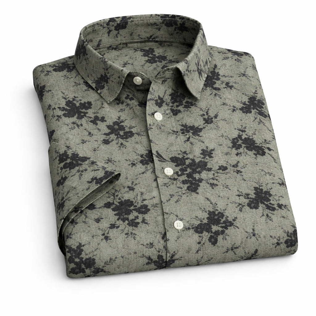 Green Shirt with Black Floral Print Half Sleeve Shirt (SKU-502)