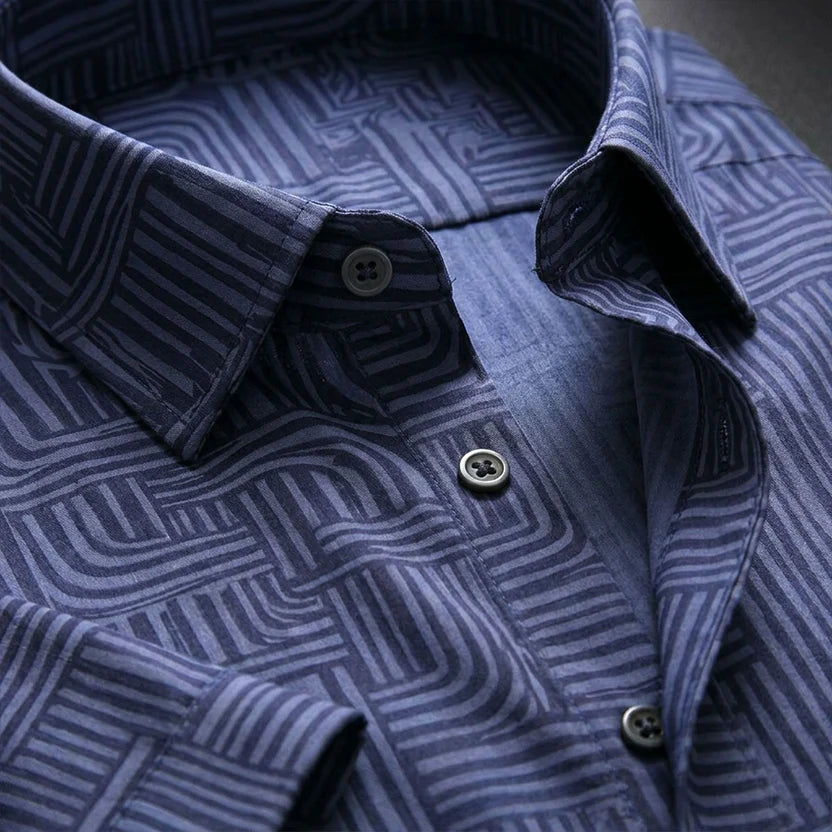 Blue Printed Shirt With Grey Design Half Sleeve Shirt (SKU-509)