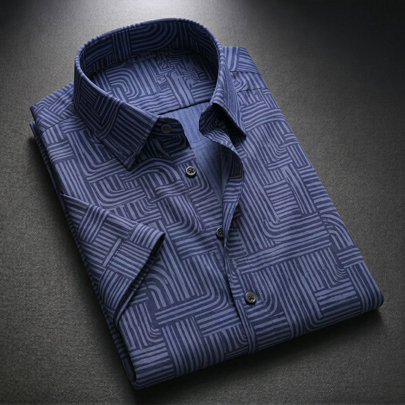 Blue Printed Shirt With Grey Design Half Sleeve Shirt (SKU-509)