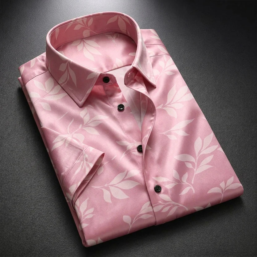 Pink Shirt with Leaf Print Half Sleeve Shirt (SKU-501)